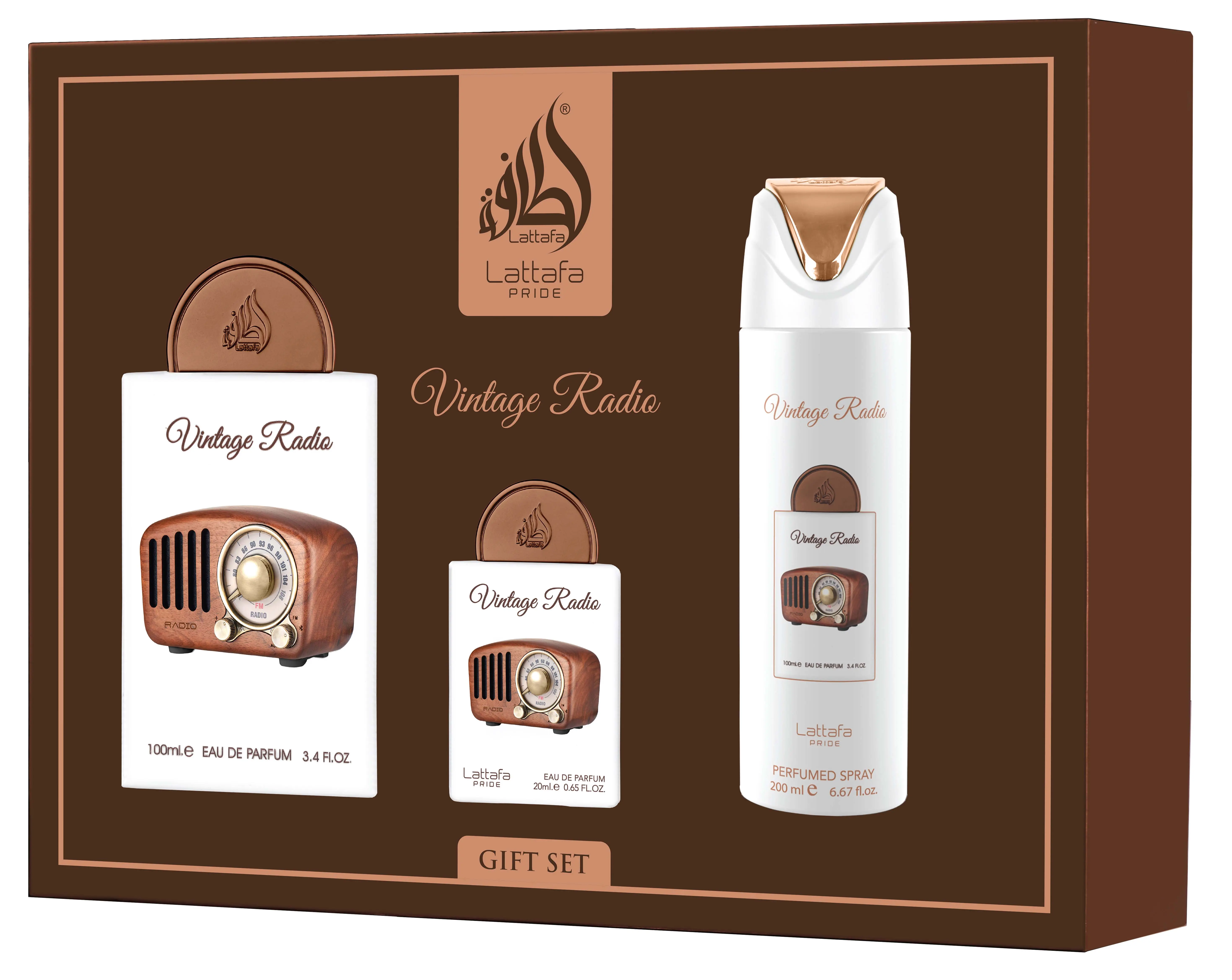 Lattafa Pride Vintage radio 3 pcs gift set – 100ml EDP + 20ml EDP + 200ml perfumed spray