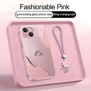 Wave Art 26 letter Phone Case, Suitable for [iPhone 14 Plus] high-end women's, Lanyard a beautiful four-leaf clover lanyard is included🍀 952