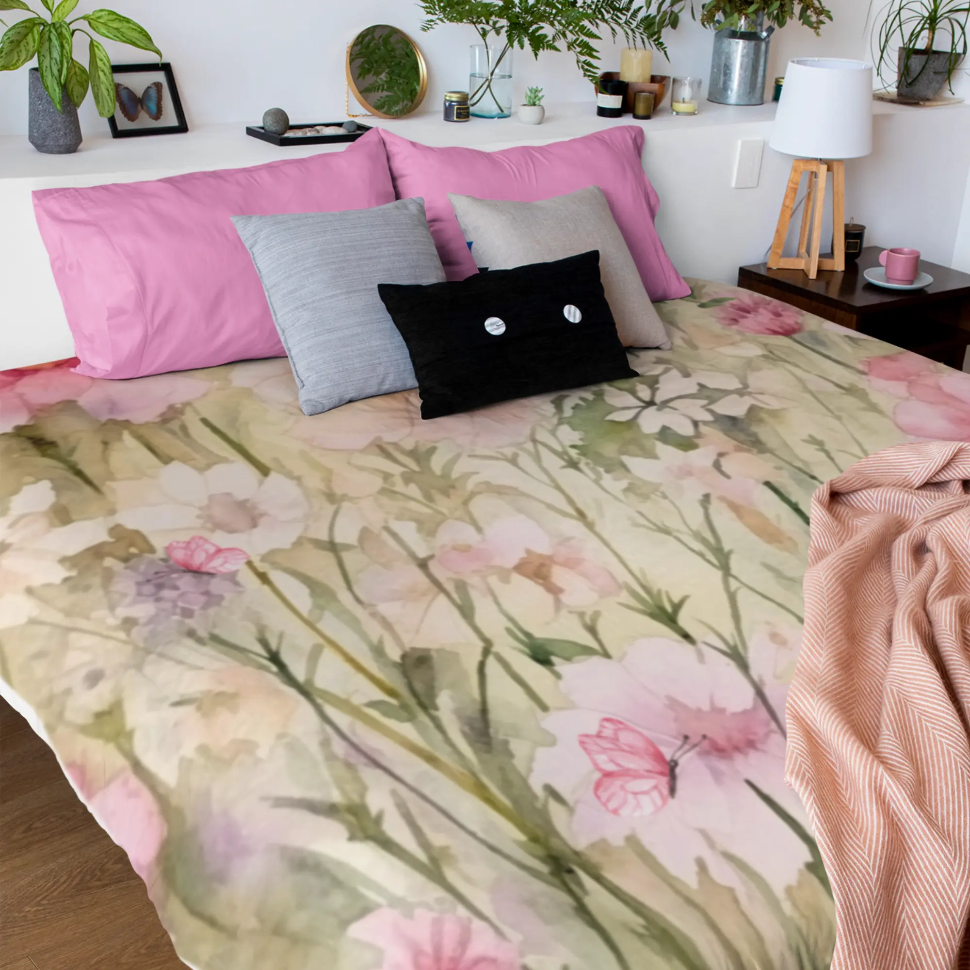 Wildflower Watercolor Comforter, King/Queen/Twin, Gentle Pink Sage Bedroom Decor, Botanical, Master Bedroom, Housewarming Gift Idea