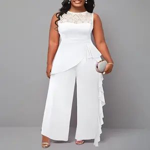 Plus-size women’s jumpsuit, solid color, elegant commuter style, lace paneling, seaweed-edge hem, loose straight cut