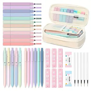 37 PCS Cute School Supplies with Pen Case for Girls - 5 Black Ink Gel Pens, 12 Pastel Highlighters, 6 Aesthetic Mechanical Pencils Set for Stationary College Essentials