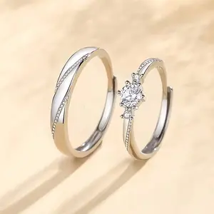 [2pcs Cubic Zirconia Engagement Ring Set] 2pcs Copper Wedding Ring Set, Silveryy Plated Romance Style Rings, with Synthetic Cubic Zirconia, for Engagement, Promise, Eternity, and Wedding Bands Combo Valentine‘s day