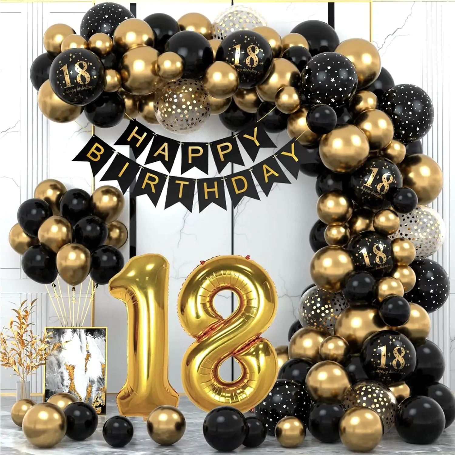 18th Birthday Balloon Arch Kit Black Gold with Happy Birthday Banner & 40" Number 18 Foil