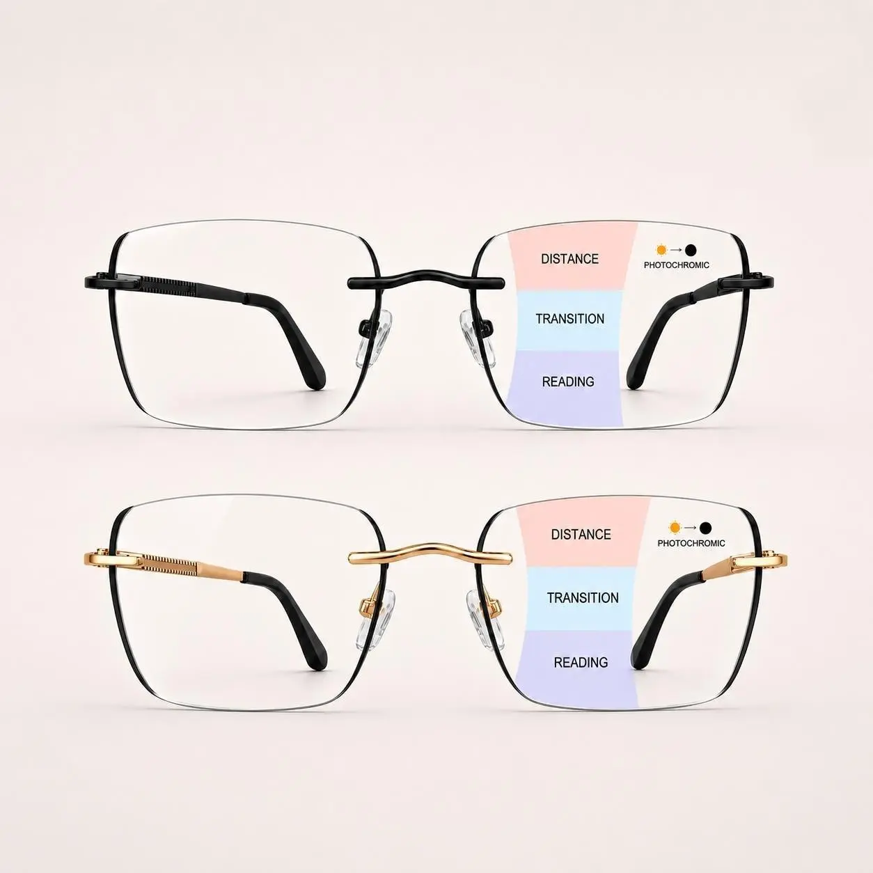 Progressive Photochromic Reading Glasses for Men & Women, Multifocal Light-Adaptive Readers for Near & Far Vision, Lightweight Rimless Eyeglasses