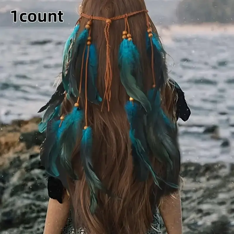 Handmade Indian Feather Headband, Hippie Style Hair Accessory, Fashion Headbands, Hairbands, Perfect Gift for Halloween & Christmas, Ideal for Photoshoots
