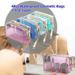 4Pcs Waterproof Cosmetic Bags PVC Transparent Zippered Toiletry with Handle Strap Portable Clear Makeup Bag Pouch for Bathroom, Vacation and Organizing