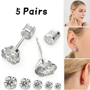 5 Pairs Surgical Steel CZ Stud Earrings, 2-8mm Flat Back Ear Studs for Cartilage & Lobe - Hypoallergenic Jewelry Set for Women & Men