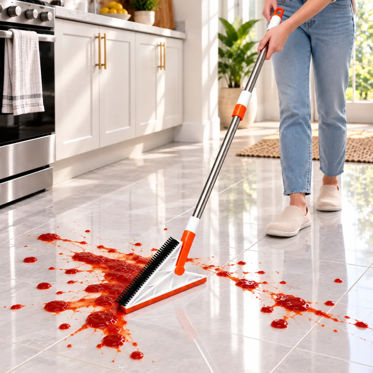 2-in-1 Floor Broom & Squeegee, Dual-Sided Bristle and Silicone Heads, Multi-Surface Sweeper for Home, Kitchen & Bathroom