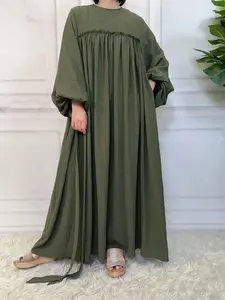 Women's Solid Color Belted Long Sleeve Tunic Dress, Casual Round Neck Dress for Fall & Winter, Modest Style Dress, Muslim Outfits, Women's Islamic Clothing for Daily Wear