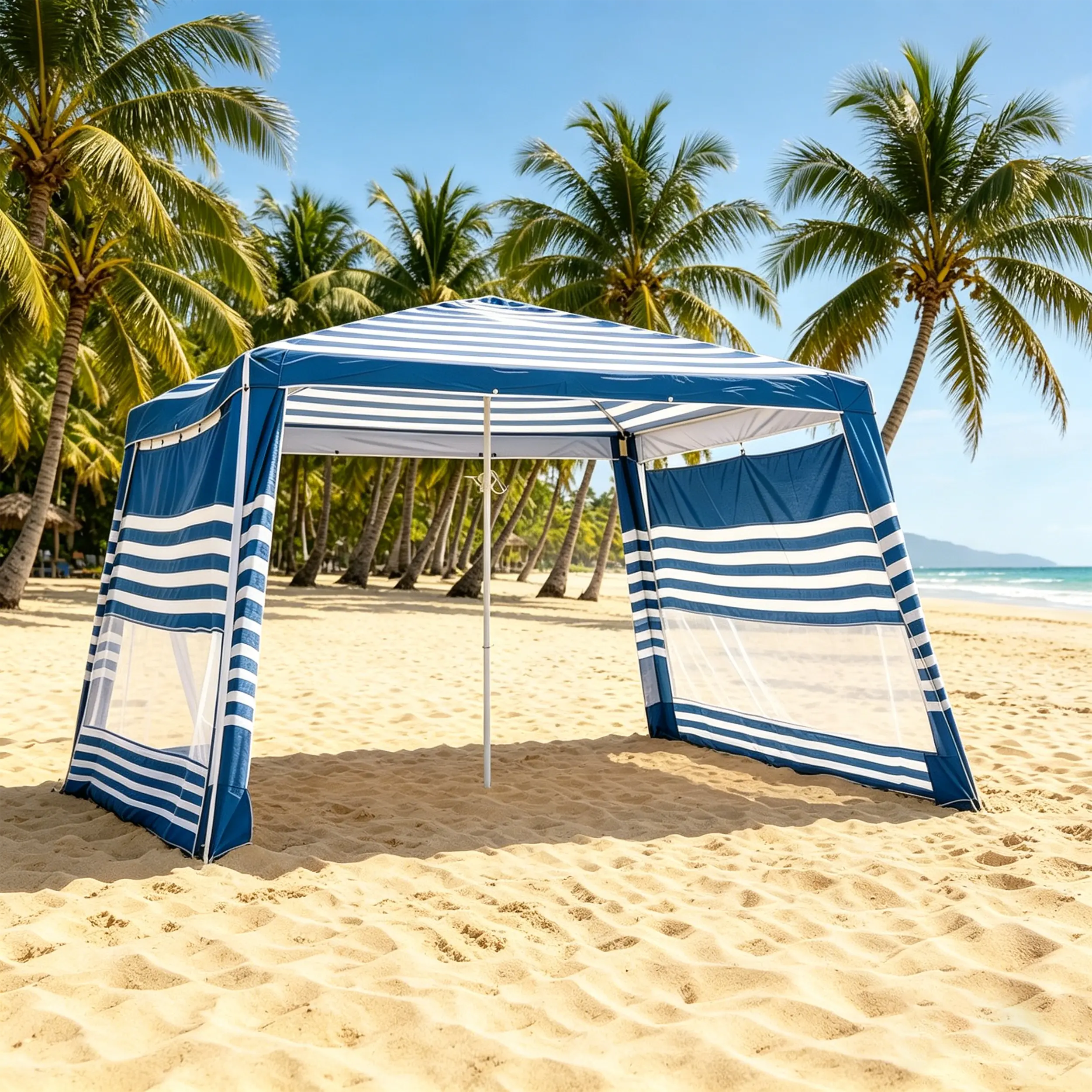 Beach Cabana, 8 * 8FT Beach Tent UPF50+ Protection, Easy Setup Beach Canopy Wind Resistant ,Compact Beach Shade Foldable Beach Tent Sun Shelter, Blue White，For Vacations,Summer Outdoor Beach Camping, Family&Friends