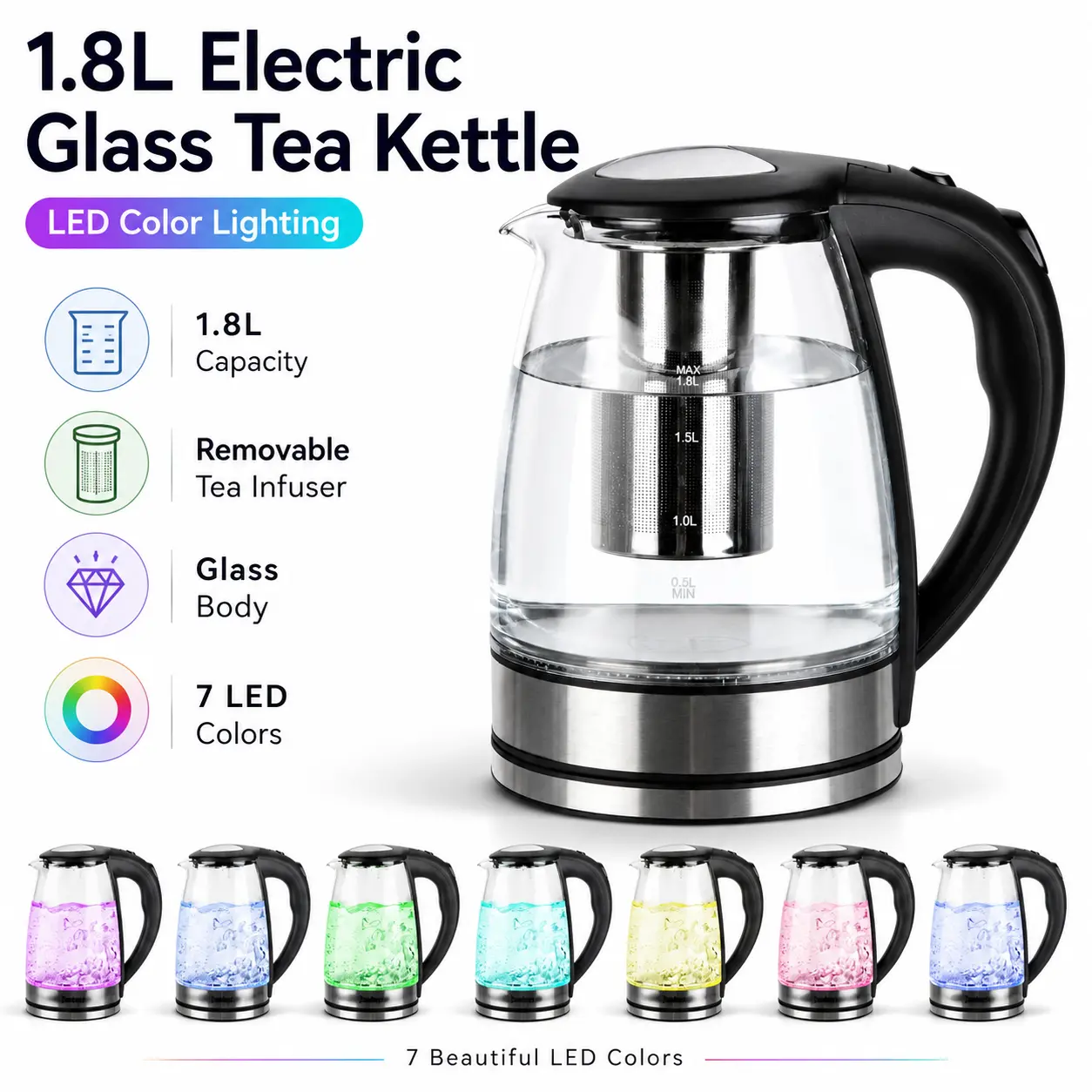 Winado Automatic Glass Water Kettle & Tea Maker - 1200W Power, 1.8L Glass Body, Temperature Controls, 110V, Filter, Stainless Steel Lid & Bottom, for Boiling Water