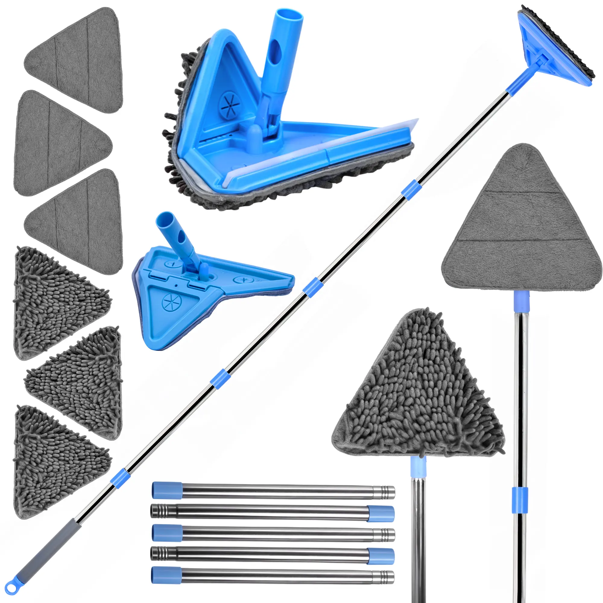 DSV-Standard Long Handle Wall Cleaner Adjustable Length Wall Mop 360° Spinning Head Floor Wall Washing Cleaning Tool for Walls Ceiling Fans Floors Baseboards Window Dust Kitchen General Purpose, 6 Replacement Pads and 1 Silicone Squeegee