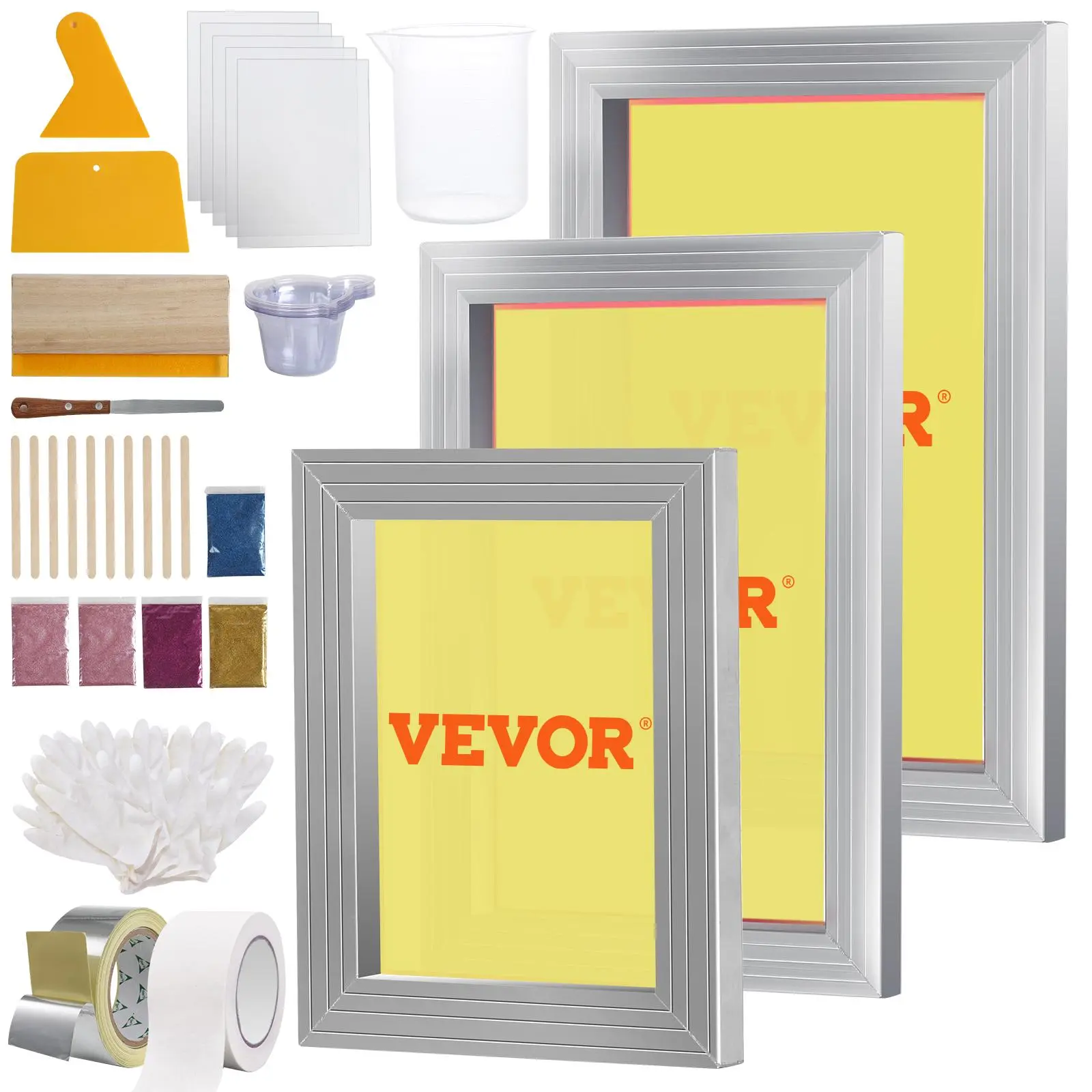 【Summerfinds】VEVOR Screen Printing Kit, 3 PCS Aluminum Silk Screen Printing Frames, 5 Glitters and Screen Printing Squeegees and Transparency Films, 6x10/8x12/10x14inch 110 Count Mesh,  for DIY T-shirts Printing