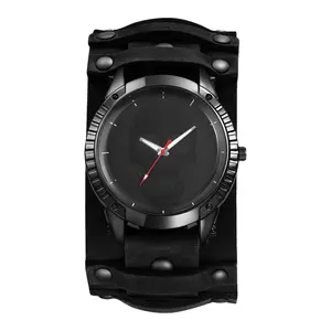 Men's Leather Cuff Watch - Punk Skull Analog Quartz Watches Hip Hop Gothic Steampunk Wide Leather Wristwatches for Halloween