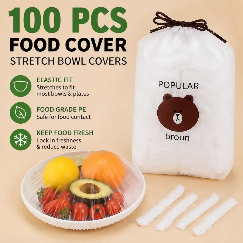 100PCS Disposable Stretch Food Covers for Bowls & Plates, Elastic Bowl Covers, Plastic Wrap Alternative for Leftovers, Fruits, Vegetables & Kitchen Food Storage Containers Utensils