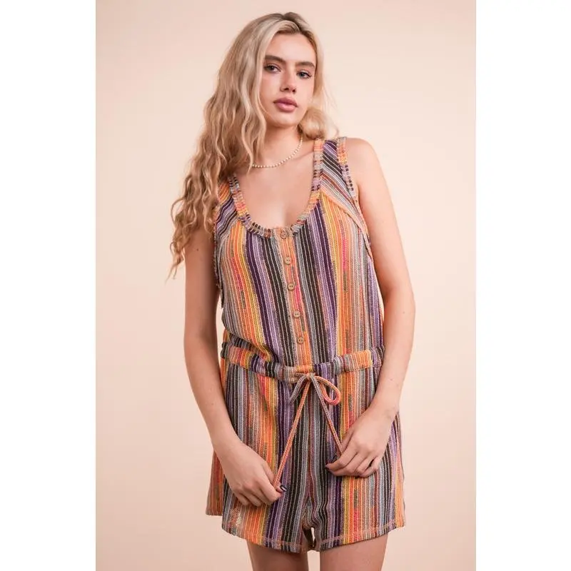 VERY J Crochet Multi Color Striped Casual Summer Romper