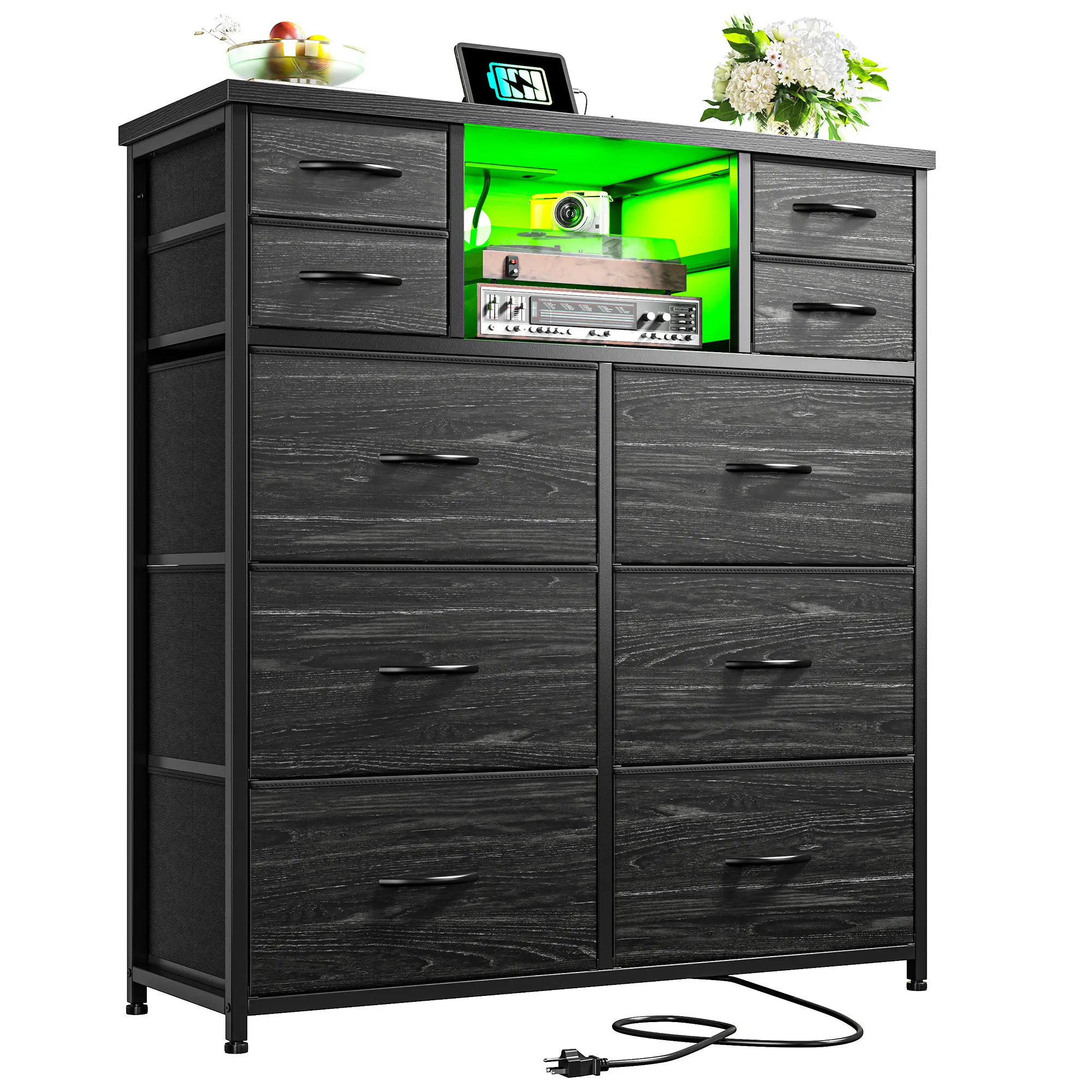 【Perfect for Serial Movers】Raybee  10 Drawers Lightweight Fabric Dresser for Bedroom & Walk-in Closet, Charging Station & LED Light Strips, Sturdy Construction Dresser,Easy Assembly, Storage for Apartments & College Dorm, Fabric Storage Tower,#MovingHack