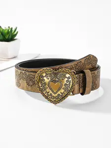 Women's Boho Style Heart Decorated Embossed Pu Buckle Belt, Vintage Trendy Western Belt Buckles, Fashionable Clothes Accessories for Daily & Party Decoration, Pu Leather Belts