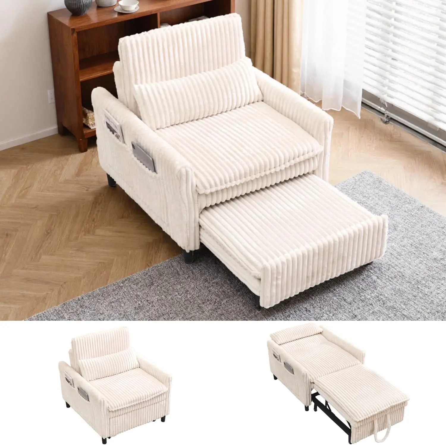 32" Wide Convertible Sleeper Chair,3-in-1 Pull Out Sofa Bed with Adjustable Backrest, Single Chair Bed with Side Storage Pockets | Space-Saving Couch for Small Spaces & Guest Use, Beige