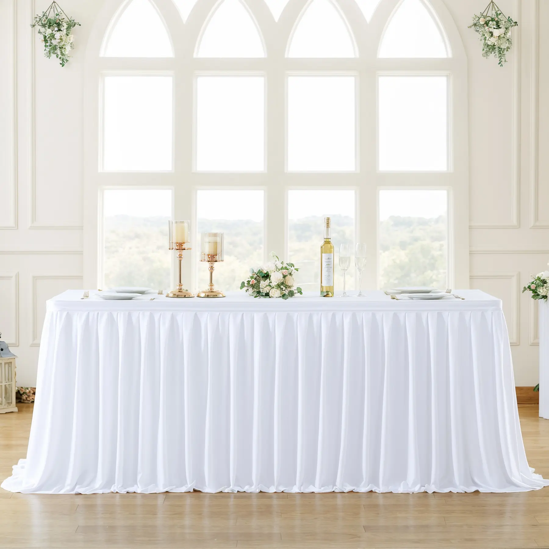 Only Covers Front of 6/9/14FT Table – Classic White Polyester Pleated Ruffle Table Skirt for Rectangle Tables, Wrinkle-Resistant Easy-Setup Table Cover for Parties, Weddings & Room Decor