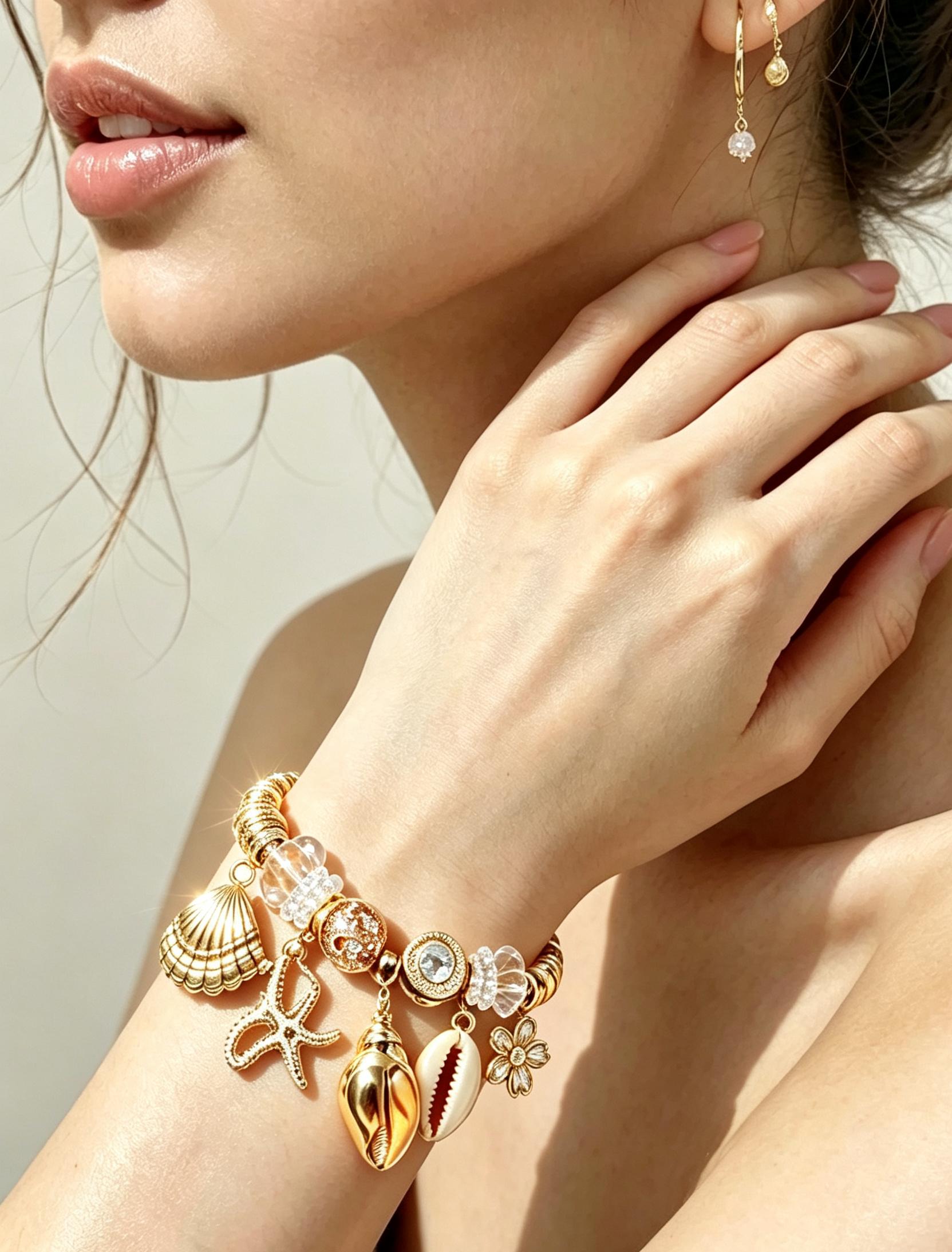 Ocean Beach Gold Cable Charm Bangle Bracelet for Women, Summer Seashell Starfish Conch Crystal Pearl Charms Open Cuff Bracelet, Bohemian Vacation Beach Jewelry Gift for Her