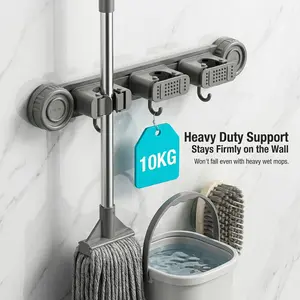 No Drill Suction Cup Mop Holder, Heavy Duty 10KG Space Aluminum Broom Organizer with Hooks, Wall Mounted Damage-Free Storage Rack for Bathroom Kitchen Laundry Room