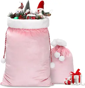 2 Pcs Christmas Velvet Bags With Drawstring - Large Plush Santa Sack in 2 Sizes for Xmas Package Storage
