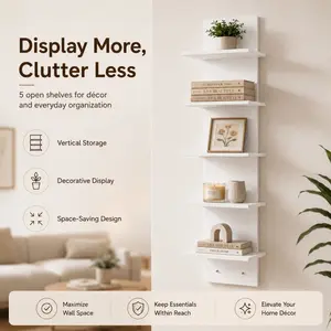 Five-tier white PVC wall shelf, heavy-duty floating shelf, self-adhesive wall-mounted storage shelf without drilling, Wall Organizer Shelf, suitable for displaying plants, books in bedrooms, home decor display shelf (Model: DM148)