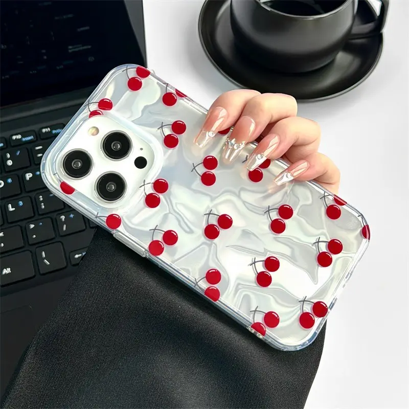 Kawaii 3D Cherry Anti-Scratch Print TPU+PC Phone Case for iPhone 13/14/15/16/16e/17 Pro Max/Air, Smooth Metallic Accent Frame, Dropproof Shockproof Casing, Ideal Holiday Anniversary Gift for Mom