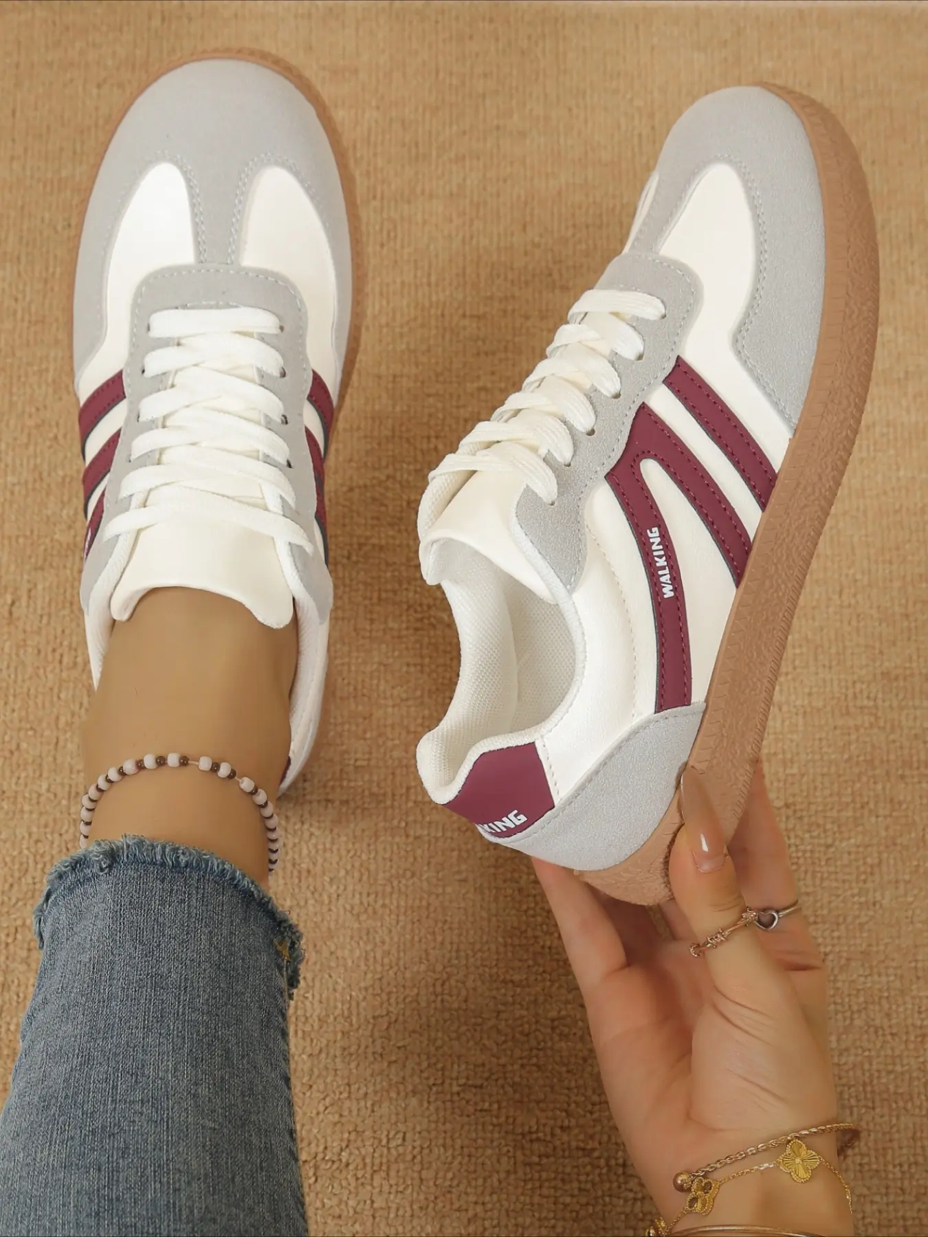 2026 New Retro Style Sneakers, Burgundy & White Colorblock Casual Shoes, Sports Shoes, Walking Shoes, Versatile Low-Top Trainers for Daily Wear, Footwear