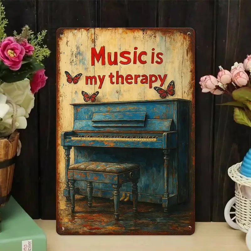 Vintage Distressed Metal Tin Sign Music Is My Therapy Blue Upright Piano Red Butterflies Weathered Wood Wall Plaque, Shabby Chic Cottagecore Music Lover Retro Piano Wall Art Decor For Music Room Study Living Room Studio Cottage