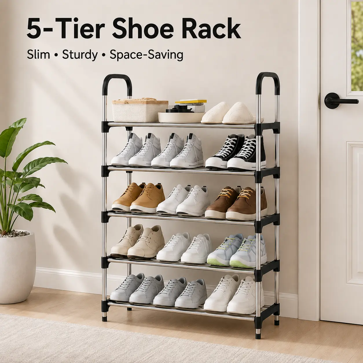 5-Tier Shoe Rack Organizer, Black Carbon Steel Shoe Storage Shelf with Handles, Space Saving Shoe Rack for Entryway, Bedroom, Closet & Dorm Room,  shoe storage system