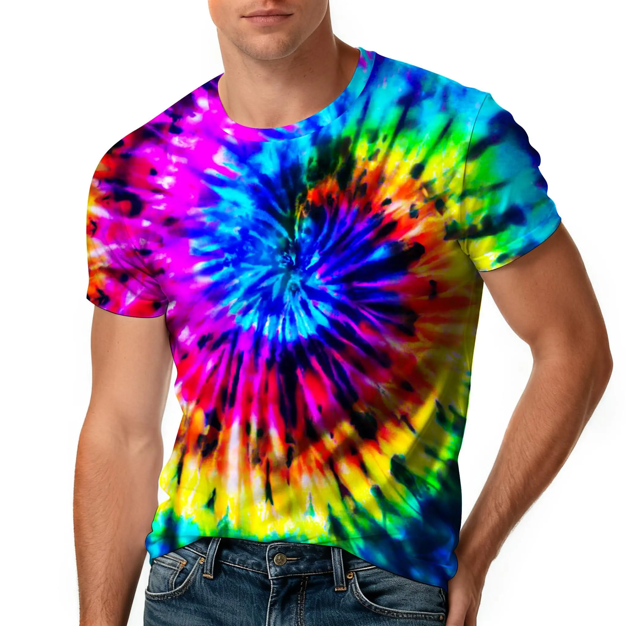 Rainbow Tie-Dye T-shirt with Vivid Full Body Print, Unisex Shortsleeve Streetwear Top in Soft Breathable Fabric for Casual Wear & Festivals, Tshirt, Relaxed Cut, Complete Sizes, Round Neck, Tee, All Over Print