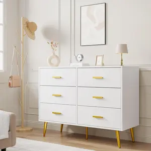 6-Drawer Modern Dresser - Wooden Chest with Gold-Tone Handles for Bedroom,Living Room & Entryway,White