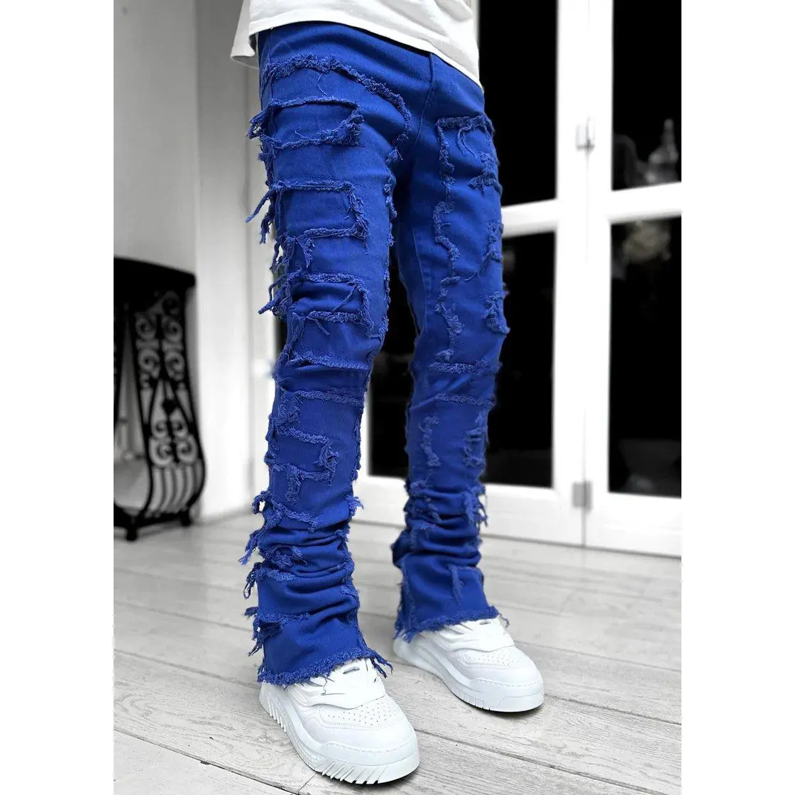 Ins Fringes Ripped Trousers Individual Patched Pants Long Tight Fit Stacked Jeans For Mens Clothing