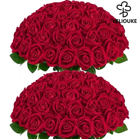 YBLIOUKE 50/100 Pcs High-Quality Silk-Plastic Red Artificial Flowers - Long Iron Stems with Leaves, Iron Wire Stability, Natural Look Eternal Flower Bouquet for House Decor, Aesthetic Home Decor, Toilet Vase Arrangements