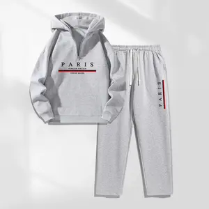 Men’s Paris Letter Print Zipper-Collar Hoodie & Drawstring Sweatpants Set with Pockets, Casual Athletic Long Sleeve Hooded Jacket and Jogger Pants, Fall Winter Activewear, Everyday Wear for Indoor & Outdoor Sports, Tracksuit Set