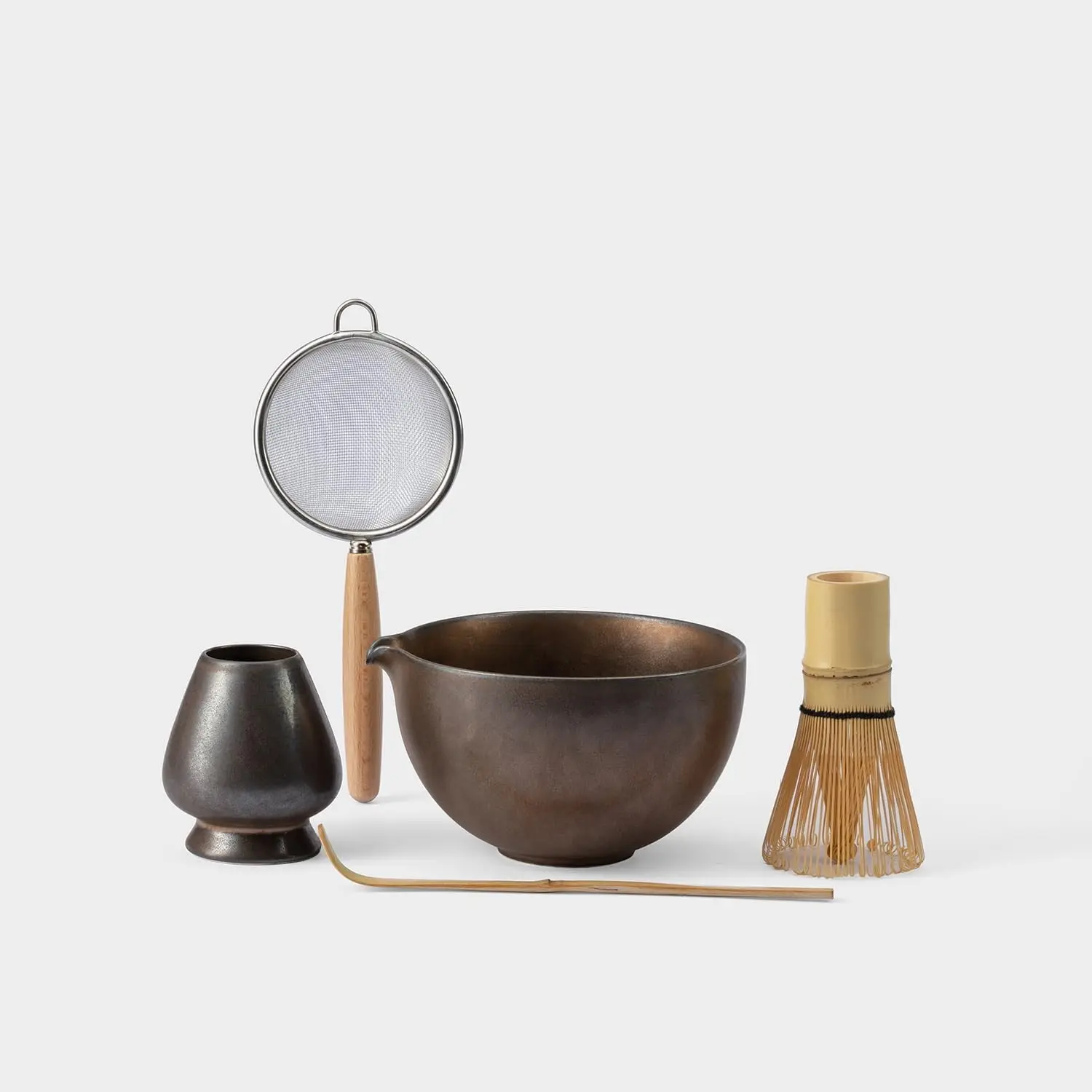 Matcha Whisk Set with Ceramic Matcha Bowl, Bamboo Whisk & Holder, Sifter, Tea Scoop (Black Gold)
