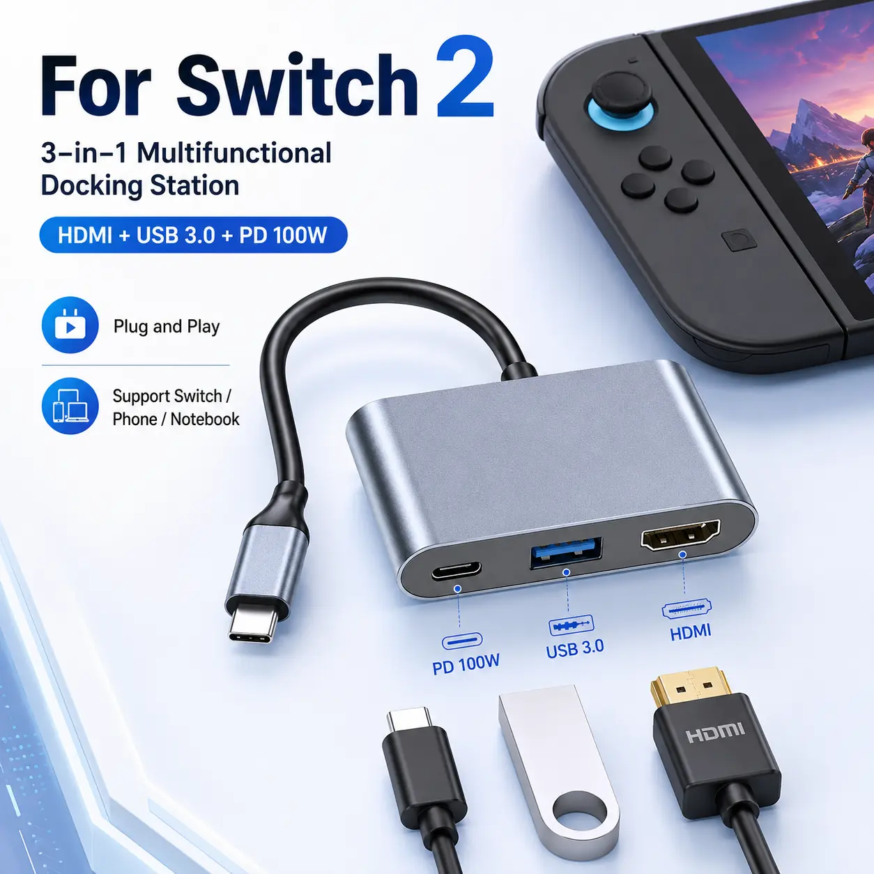 RUNTOGOL 3-in-1 USB-C Adapter Multiport for Switch 2 & Steam Deck - 4K HDMI Video Out, HDR Support, 100W Max PD Charging Solution, USB 3.0 Port, Portable Aluminum Alloy Build, Switch Accessories