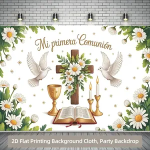 Nylon First Communion Floral Dove Cross Background Banner - Church Wall Decor, Photo Prop for First Communion Celebrations