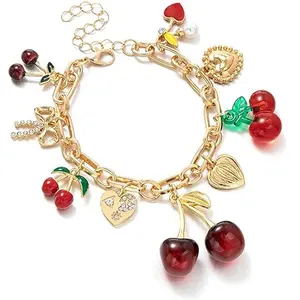 Cherry Bow Heart Charm Bracelet, Gold Chunky 3D Fruit Realistic Enamel Pearl Adjustable Chain Handmade Fashionable Christmas Jewelry Gifts for Women