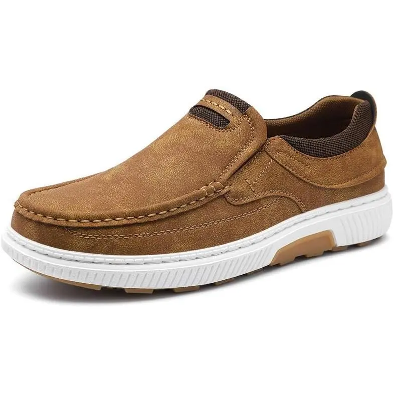 Men’s Flat Slip-On Loafers - Brown Faux Leather, Cushioned Sole, Comfortable Walking Shoes, Casual Work Shoes, Slip On Classic, Footwear, Brown Loafers