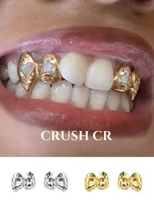 CRUSH CR Dual Heart Star Cutout Tooth Cap Set Tooth Gems for Men Women 18K Gold Plated Hollow Design with Star Engravings, Hypoallergenic Removable, Perfect for Y2K Fashion Music Festivals Club Nights Street Style Ideal Cute Edgy Bling Dental Jewelry
