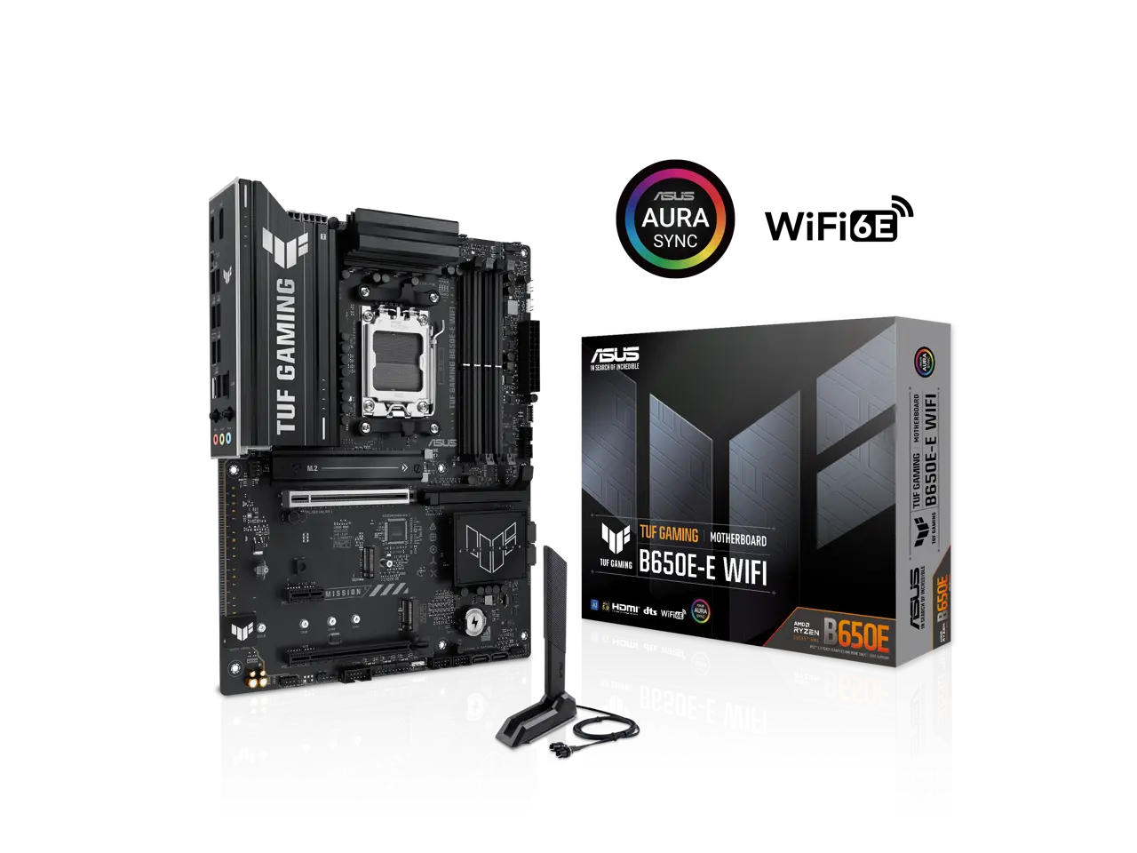 ASUS TUF GAMING B650E-E WIFI AMD AM5 B650 ATX motherboard, 8+2+1 80A DrMOS stage, DDR5, PCIe 5.0 Ready, 3x M.2, Wi-Fi 6E, 2.5 Gb LAN, DisplayPort, HDMI, USB 20Gbps Type-C, BIOS FlashBack, Aura Sync