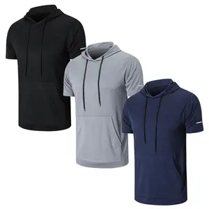 【Purchase One Size Large】 Men's 3 Pack Short Sleeve Athletic Hoodies Shirts Moisture Wicking Mesh Plain Round Neck T-Shirts Workout SummerVibes Hoodies For Men Active Athletic Mens Hoodie Pullover Sweatshirt Gym Outfit Compression Shirts Wortout Tops