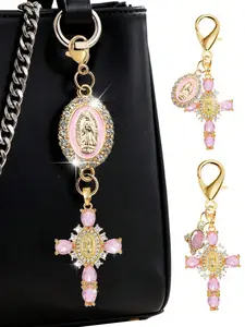 Sparkling Pink Cross Rhinestone Keychain, Keychain Jewelry, Bag Pendant Keychain - Christian Amulet with Pearl & Virgin Mary Rhinestone Charm, Versatile Accessory for Bags, Wallets, Headphones & Car Keys, Ideal Holiday Gift for Women