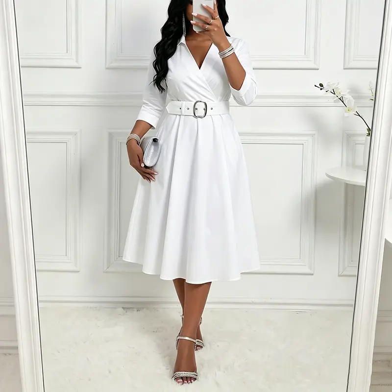 Elegant Midi Dress A Line Belted Dress for Women V Lapel Neckline 3/4 Sleeves Hidden Pockets Casual Office Wedding Guest Dress Pockets Soft Zip Up black