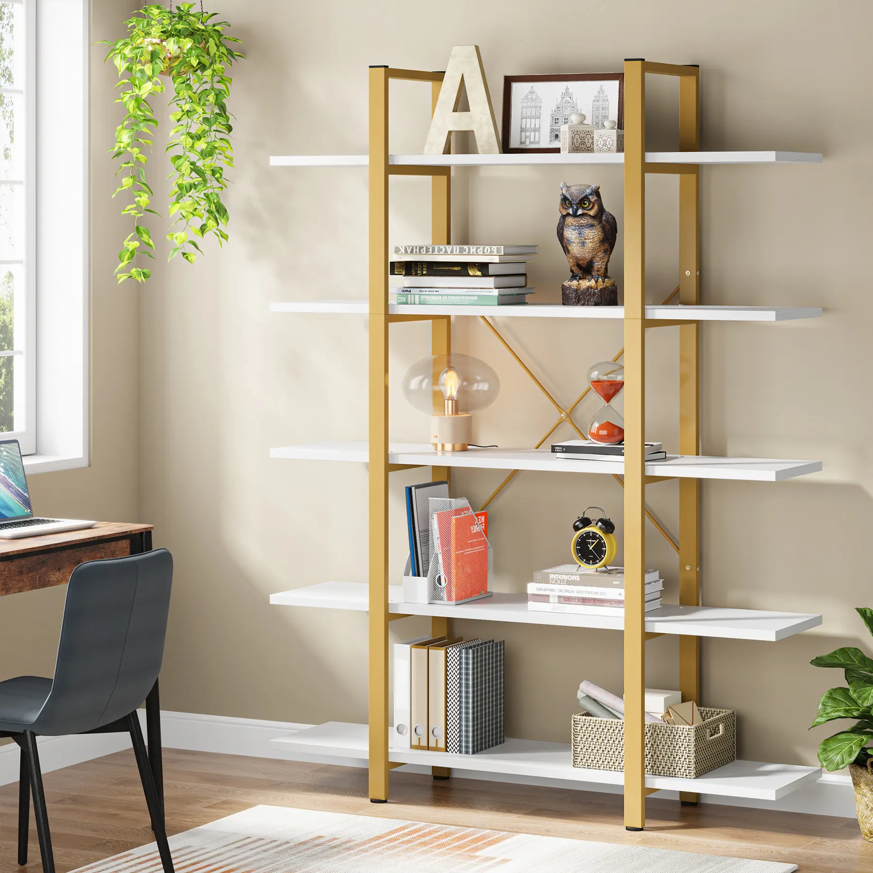 LITTLE TREE 5-Tier Bookshelf, Vintage Industrial Style Bookcase 70 ‘’ H x 12’’ W x 47’’L, Gold