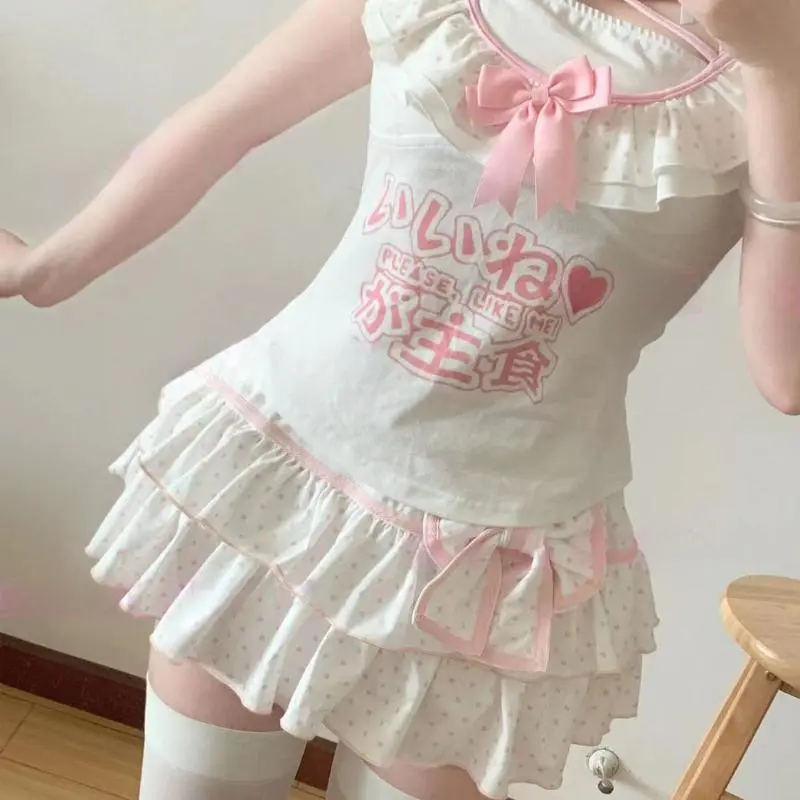 Deeptown Harajuku Lolita Mini Skirt Women Bow Japanese Style Kawaii Pleated Skirts Sweet Dot Ruffles Cake Layered Skirts