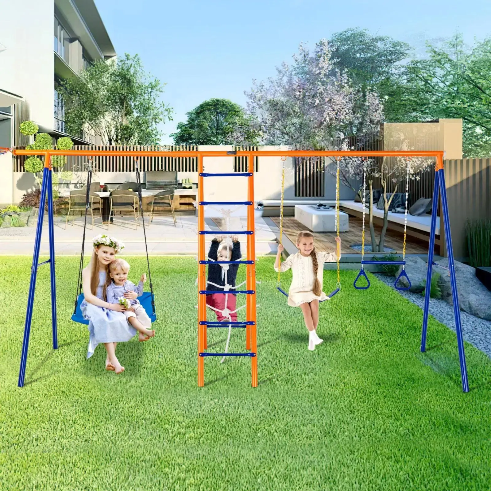 【Summerfinds】VEVOR Swing Sets for Backyard,  6 in 1 Swing Set with 2 Swings, Trapeze Bar, Climbing Ladder, Climbing Net, and Basketball Hoop, 440lbs Load Capacity Heavy-Duty Metal Swingset Outdoor for Kids Ages 3+